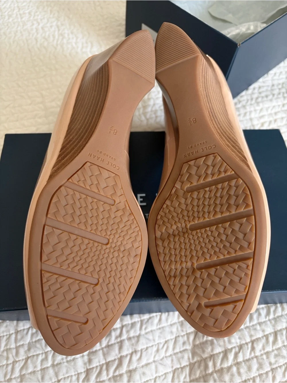 Cole Haan Nude Patent Peep-Toe Wedge Pumps